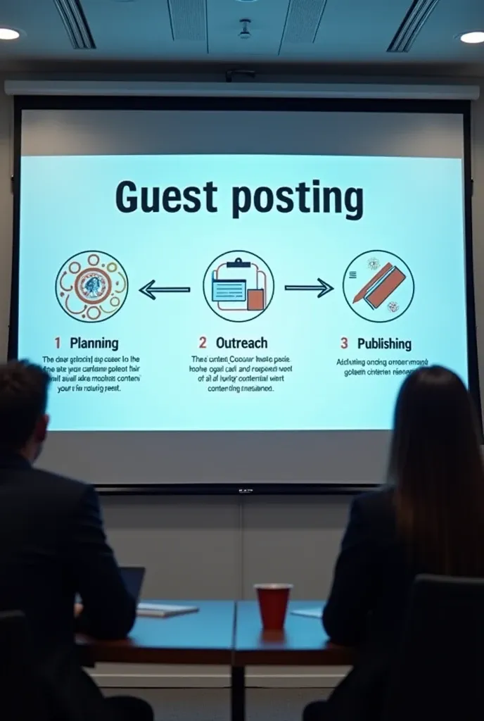 Guest posting flowchart on digital screen showing planning, outreach, content creation, and publishing in a corporate meeting environment
