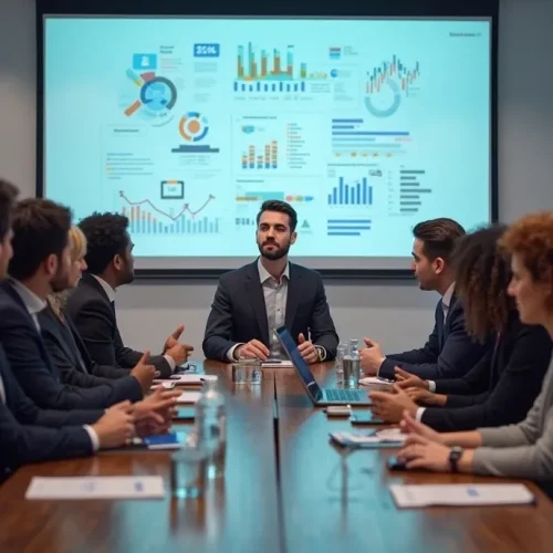 Diverse group of marketing professionals and entrepreneurs discussing SEO guest post strategy in a boardroom with graphs on screen