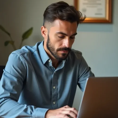 "Academic content writer typing article at desk with PhD certificate on wall, open notebook and research papers in a warm, focused workspace