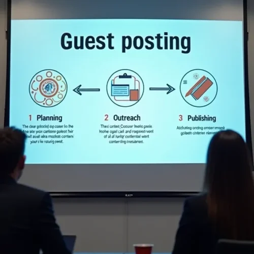 Guest posting flowchart on digital screen showing planning, outreach, content creation, and publishing in a corporate meeting environment